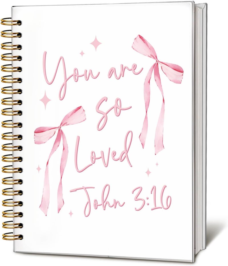 WLIANG Coquette Pink Bow Christian Notebook, Preppy Aesthetic Journal Notebook, Bible Journal Notebook, Bible Journaling Notebook, You are so Loved Hardcover Spiral Notebook 5.5x8.3 Inch - Image 1